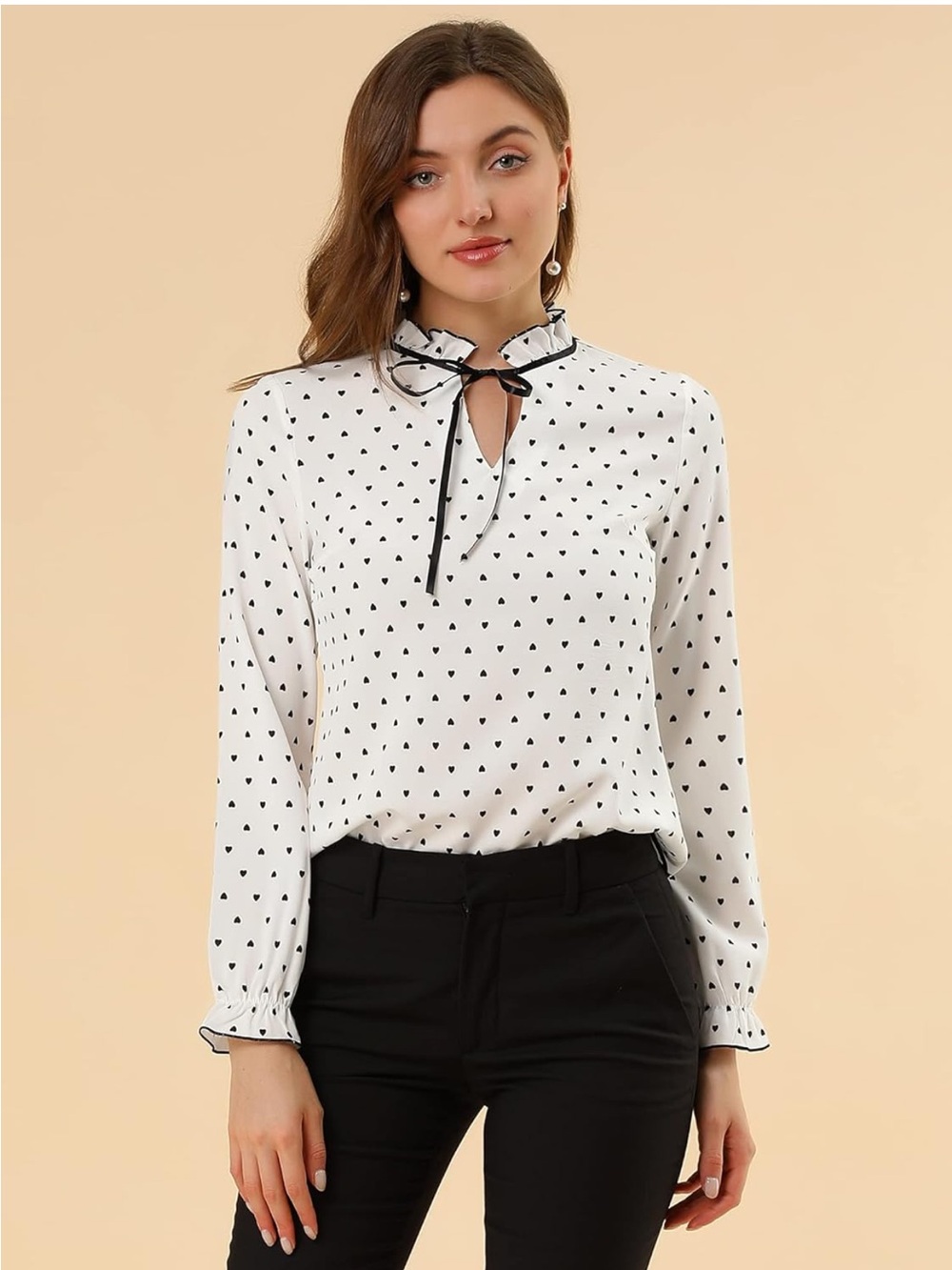 Heart Print Ruffle Tie Neck Blouse - White/Black used once.